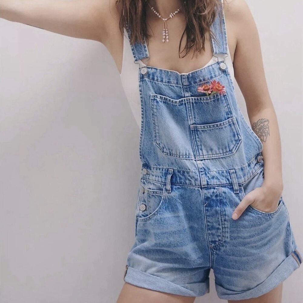 Free People Light Blue Denim Short Overalls Romper